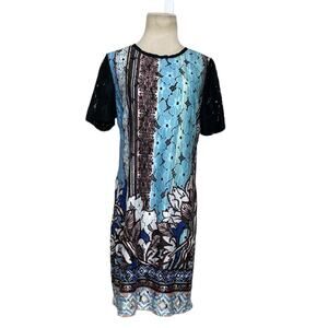 Hale Bob blue brown short sleeves floral Lined mini dress size small